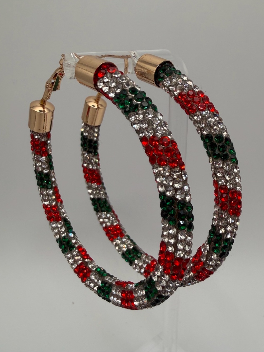 Large Rhinestone Hoop Earrings Red Green Clear Crystal Gold Tone Holiday 2.5"